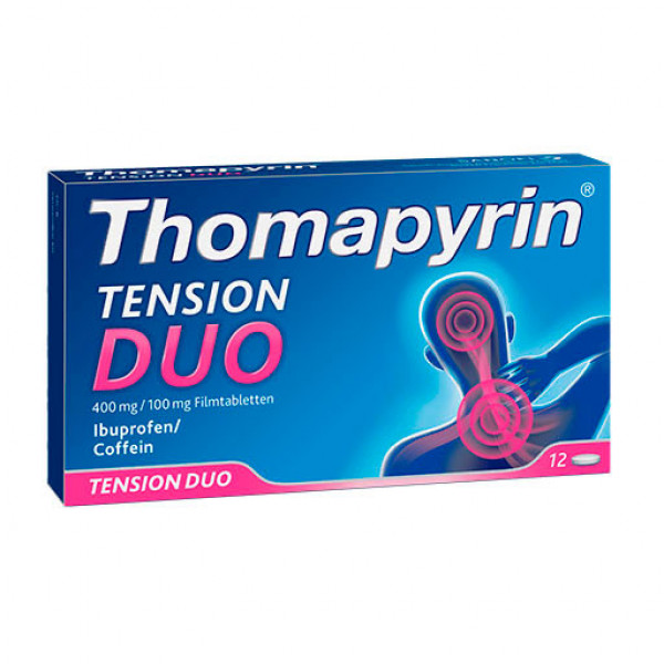 Таблетки от головной боли с ибупрофеном и кофеином THOMAPYRIN TENSION DUO 400 mg/100 mg Filmtabletten 18 шт THOMAPYRIN Таблетки от головной боли с ибупрофеном и кофеином THOMAPYRIN TENSION DUO 400 mg/100 mg Filmtabletten 18 шт THOMAPYRIN