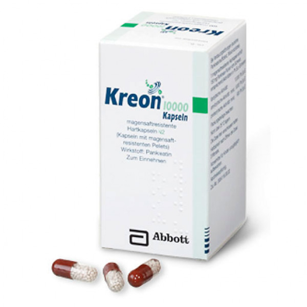 Препарат KREON 10.000 Hartkps.m.magensaftr.überz.Pellets улучшающий процессы пищеварения 100 капсул Abbott Препарат KREON 10.000 Hartkps.m.magensaftr.überz.Pellets улучшающий процессы пищеварения 100 капсул Abbott