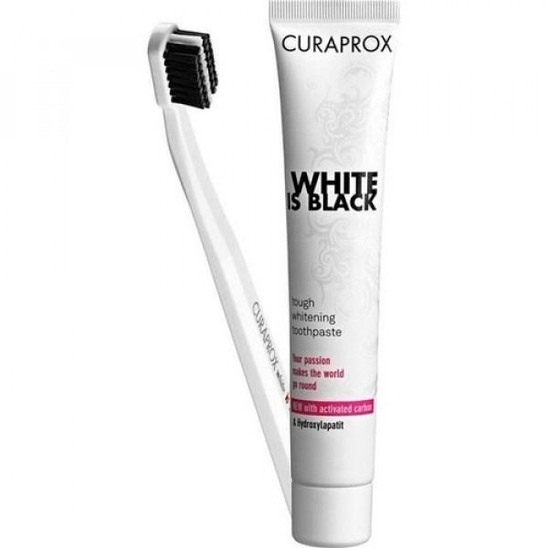 Зубная паста отбеливающая + щетка CURAPROX White is Black Kohlezahnpasta mild+Bürste 90 мл Curaprox Зубная паста отбеливающая + щетка CURAPROX White is Black Kohlezahnpasta mild+Bürste 90 мл Curaprox