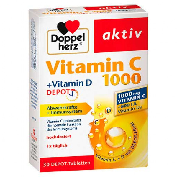 Витамин C 1000 + витамин D 800 ME DOPPELHERZ aktiv Vitamin C 1000+Vitamin D Depot 30 шт DoppelHerz Витамин C 1000 + витамин D 800 ME DOPPELHERZ aktiv Vitamin C 1000+Vitamin D Depot 30 шт DoppelHerz