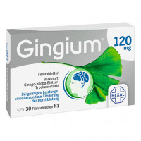 Таблетки с экстрактом листьев гинкго GINGIUM 120 mg Filmtabletten 30 шт HEXAL Таблетки с экстрактом листьев гинкго GINGIUM 120 mg Filmtabletten 30 шт HEXAL