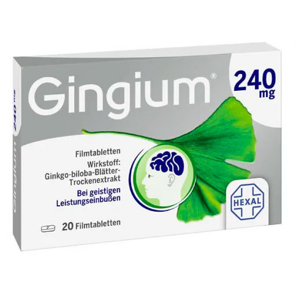 Таблетки с экстрактом листьев гинкго GINGIUM 240 mg Filmtabletten 20 шт HEXAL Таблетки с экстрактом листьев гинкго GINGIUM 240 mg Filmtabletten 20 шт HEXAL