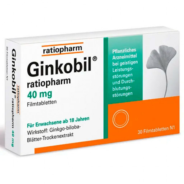 Таблетки для улучшения концентрации и памяти GINKOBIL-ratiopharm 40 mg Filmtabletten 30 шт RatioPharm Таблетки для улучшения концентрации и памяти GINKOBIL-ratiopharm 40 mg Filmtabletten 30 шт RatioPharm