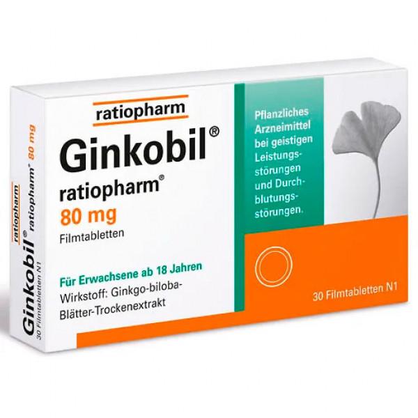 Таблетки для улучшения концентрации и памяти GINKOBIL-ratiopharm 80 mg Filmtabletten 30 шт RatioPharm Таблетки для улучшения концентрации и памяти GINKOBIL-ratiopharm 80 mg Filmtabletten 30 шт RatioPharm
