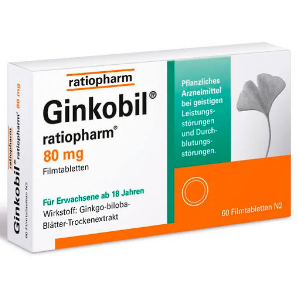 Таблетки для улучшения концентрации и памяти GINKOBIL-ratiopharm 80 mg Filmtabletten 60 шт RatioPharm Таблетки для улучшения концентрации и памяти GINKOBIL-ratiopharm 80 mg Filmtabletten 60 шт RatioPharm