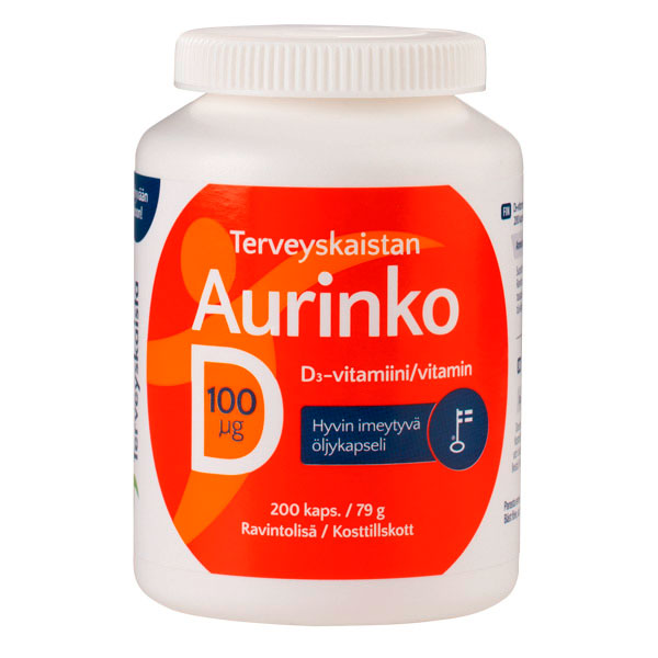 Витамины Д AURINKO D 100 мкг 200 капсул Terveyskaista Витамины Д AURINKO D 100 мкг 200 капсул Terveyskaista